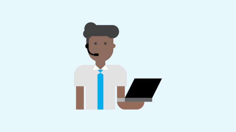 Man wearing headset and holding laptop icon